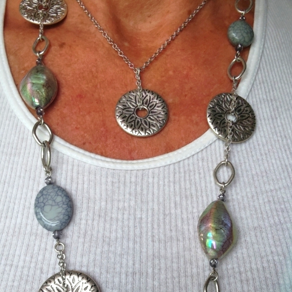 NEW IN BOX Silver and Blue Irridescent Two Necklace Set-Retired Premiere Designs